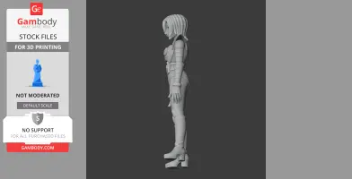 Side view of a robotic figure with long hair and boots, designed for 3D printing.