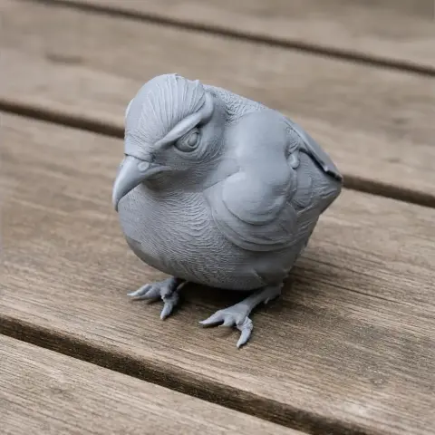 A 3D-printed model of a detailed bird with a stern expression, perched on a wooden surface.