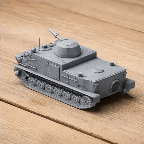 A detailed 3D printed model of a military tank with tracks and turret on a wooden surface.