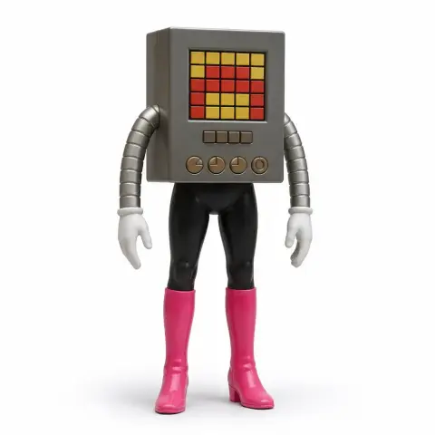 A robot with a TV-like head, flexible arms, black legs, and pink boots, in a standing pose.