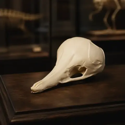 3D-printed Western Long-beaked Echidna skull replica displayed on a dark surface.
