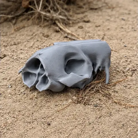 3D printed Western Quoll skull replica on sandy ground.