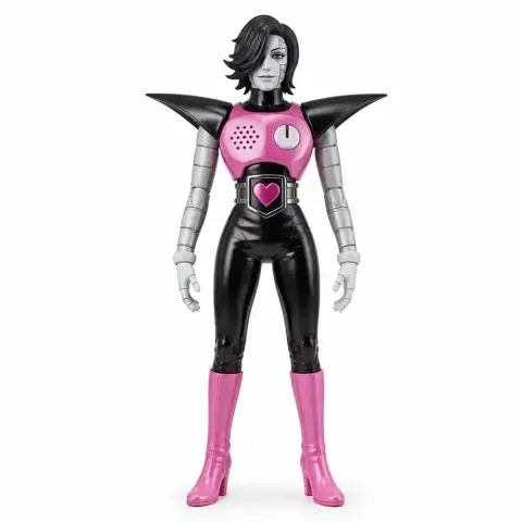 Futuristic humanoid figure with black and pink armor and sleek hair, posed confidently.