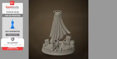 A cloaked character figure with horned head, standing on a detailed base with objects and ropes.