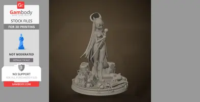 A detailed 3D-printed character figure with long cloak, holding a staff, standing on a decorated base.