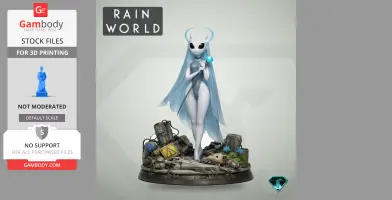 Alien character with a glowing orb and cape, surrounded by debris, on a detailed base.