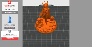 3D model of a character with horns and cape on a detailed base, designed for 3D printing.