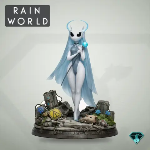 Alien-like character with a flowing cape, glowing orb, standing on a themed base.