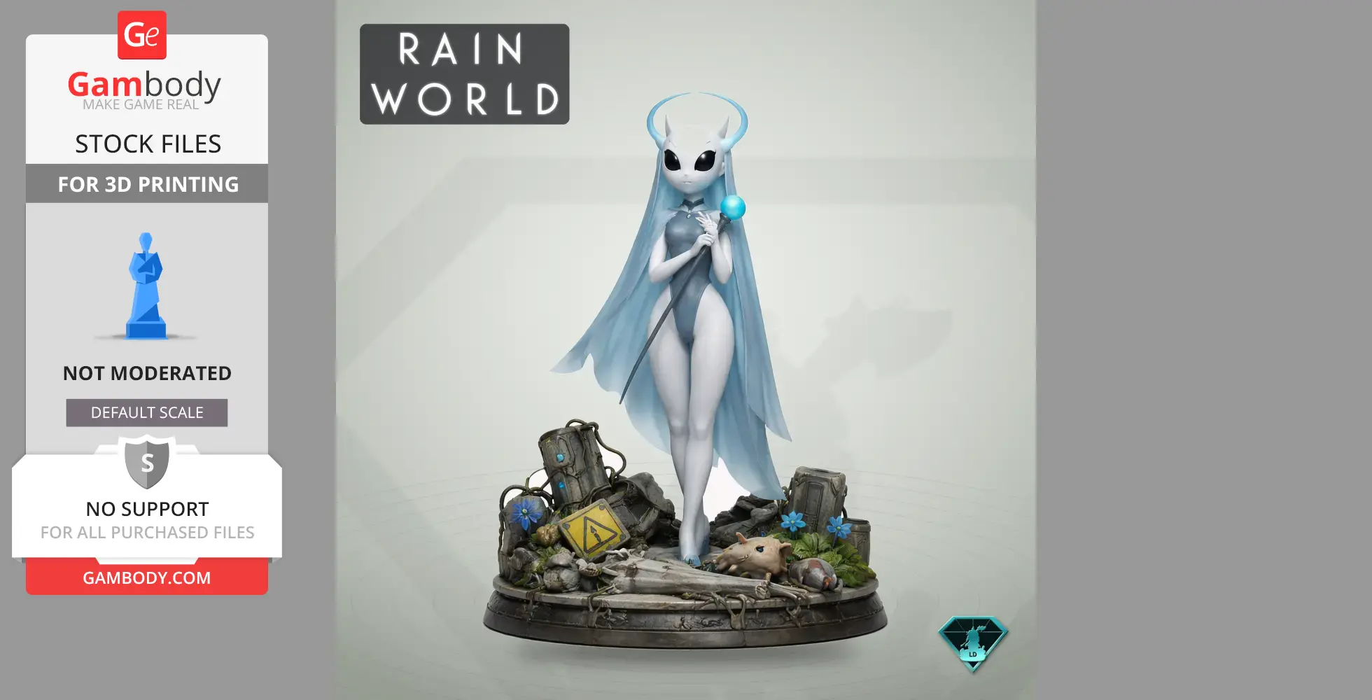 Alien character with a glowing orb and cape, surrounded by debris, on a detailed base.