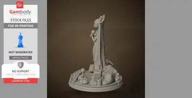 A stylized figure with long ears, holding an orb, stands on a detailed base with various objects.