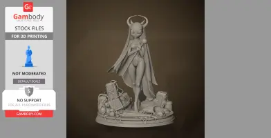 Stylized alien figure with antennae and a cape, standing on a detailed base with scattered items.
