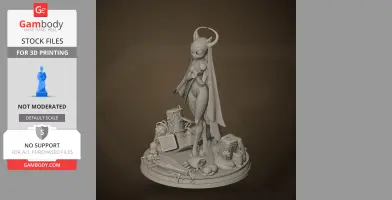 Alien character with antlers and cape, standing on detailed sci-fi base with objects and foliage.