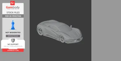 A sleek, modern sports car 3D model designed for 3D printing, displayed on a grey background.