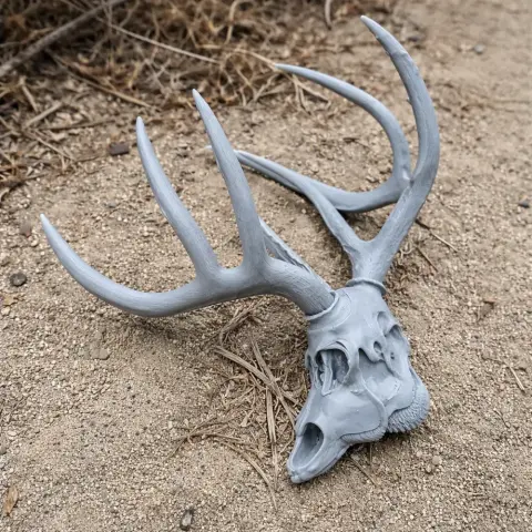 3D printed white-tailed deer skull replica with detailed antlers on sandy ground.