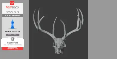 3D model of a detailed white-tailed deer skull with large antlers, suitable for 3D printing.