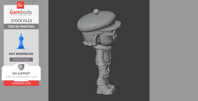 3D model of a cartoon character wearing a beret, glasses, scarf, jacket, and boots, in a side profile.