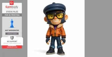 Figurine of a character with glasses, blue cap, orange jacket, fingerless gloves, and blue jeans.