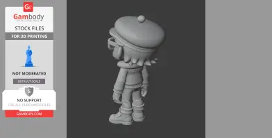 3D model of a cartoonish character with a beret, goggles, and boots, viewed from the back.