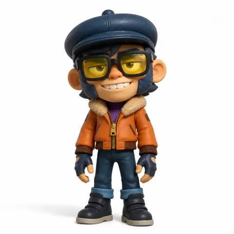 Smiling cartoon character in aviator jacket, cap, and glasses, ready for 3D printing.