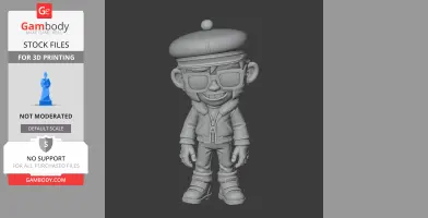 3D model of a cartoon character wearing a beret, sunglasses, jacket, and gloves, smiling broadly.