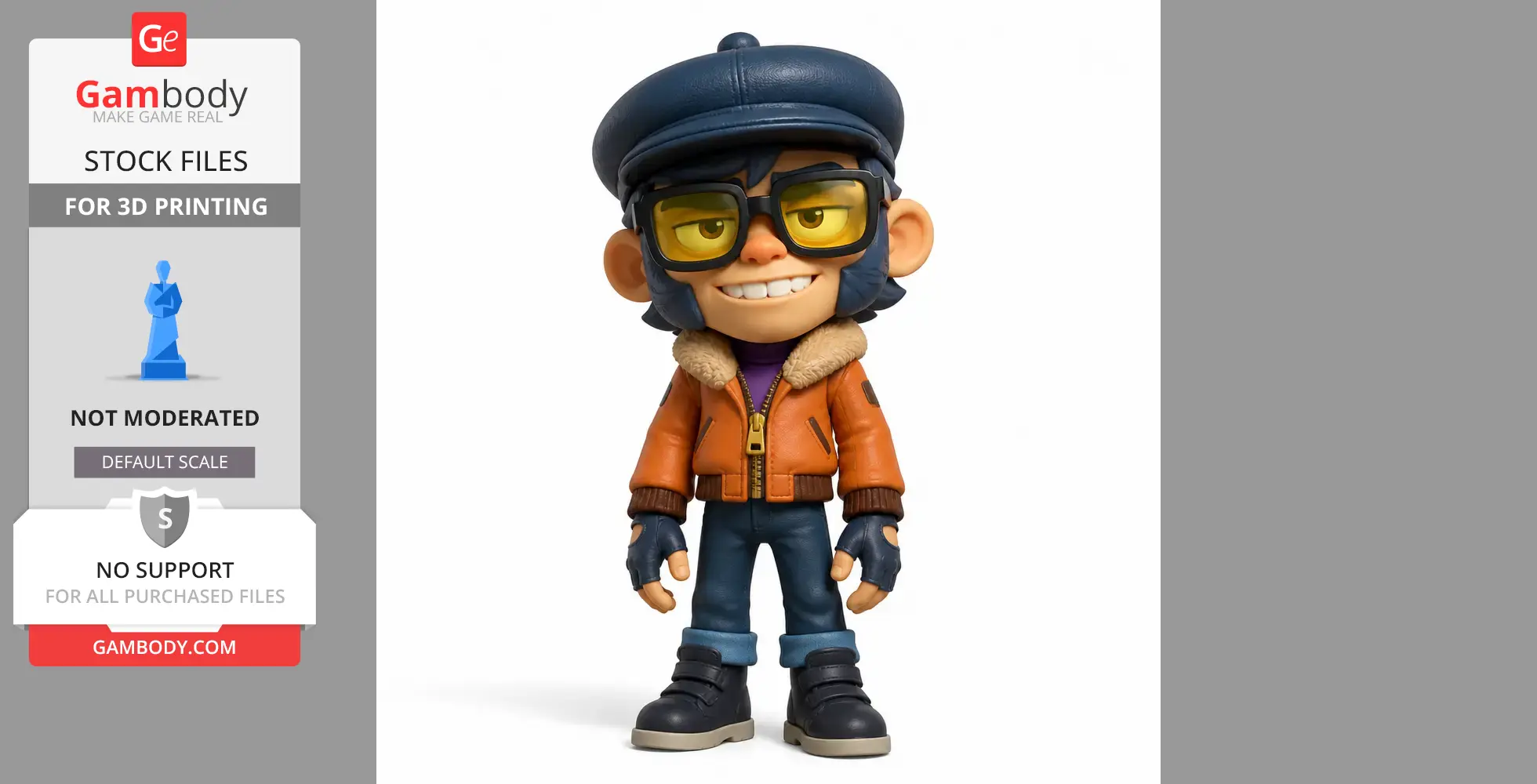 Figurine of a character with glasses, blue cap, orange jacket, fingerless gloves, and blue jeans.