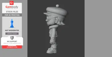 Cartoonish 3D character in profile view, wearing a beret, scarf, glasses, and boots.
