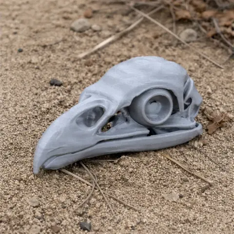 3D-printed white-tailed eagle skull replica resting on sandy ground.