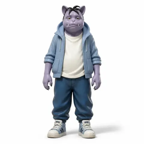 Purple humanoid figure in a casual blue outfit, featuring sneakers and a hoodie, based on a 3D model.