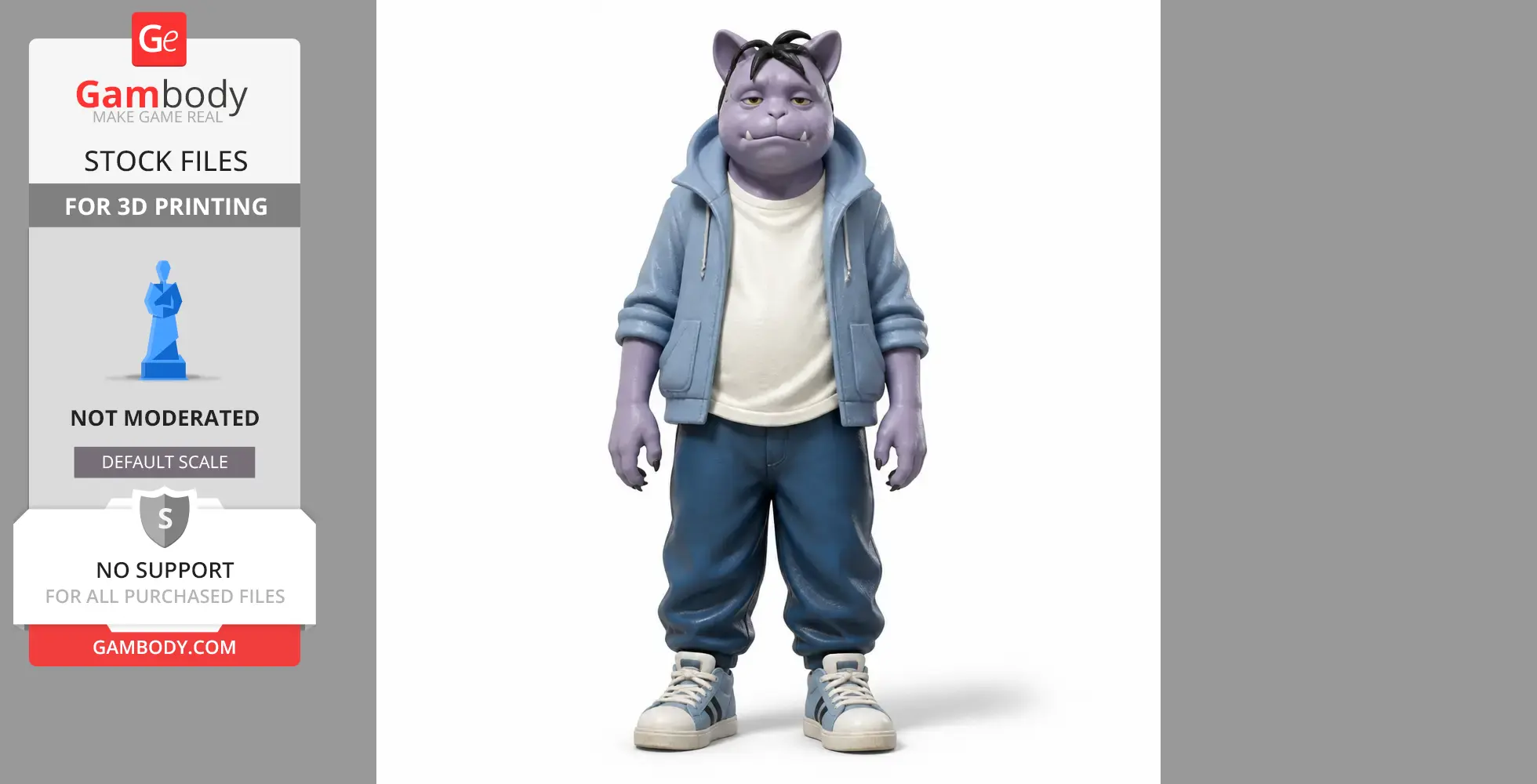 Anthropomorphic purple creature in casual clothes, with a hood, from Undertale, for 3D printing.