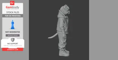 Side view of a humanoid figure with animal features in casual clothing, ready for 3D printing.