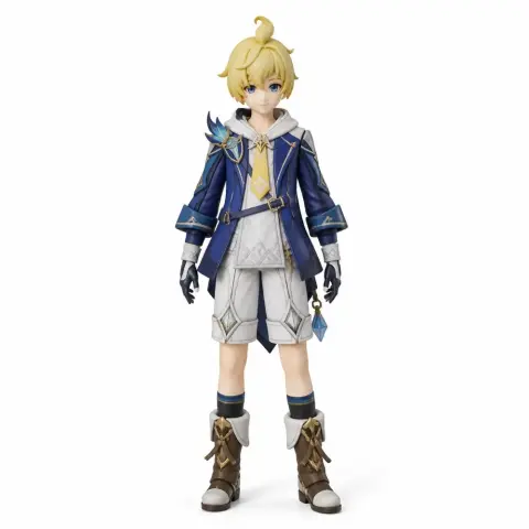 Young character figurine in detailed blue and white attire, inspired by Genshin Impact, for 3D printing.