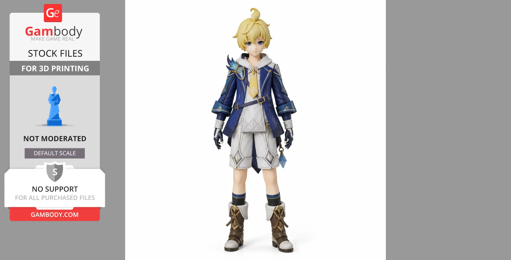 A detailed 3D figure of a character in blue and white attire with boots, designed for 3D printing.