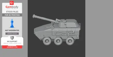Detailed 3D model of a six-wheeled tank with a long barrel, designed for 3D printing.