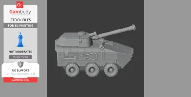 A detailed 3D model of a six-wheeled tank with a long cannon, designed for 3D printing.