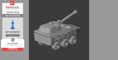 A 3D model of a six-wheeled tank with a long barrel, designed for 3D printing.