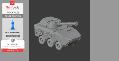 A detailed 3D model of a six-wheeled tank with a prominent turret and cannon.