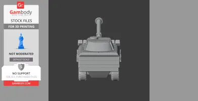 Front view of a 3D printable six-wheeled tank model with a mounted cannon.