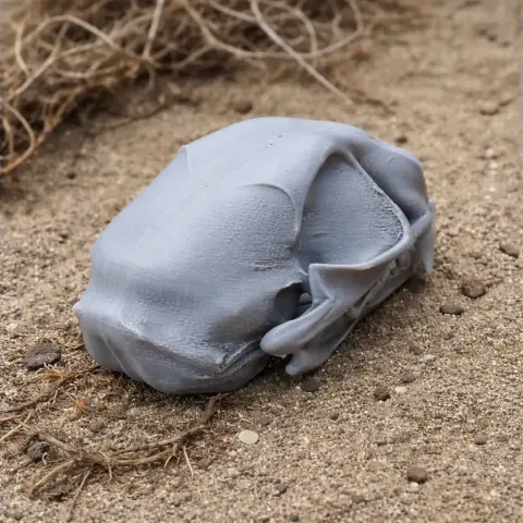 A gray 3D-printed wildcat skull model rests on sandy ground with twigs nearby.