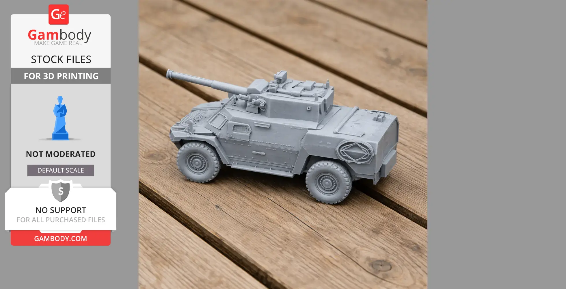 A detailed 3D-printed model of a military armored vehicle on a wooden surface.