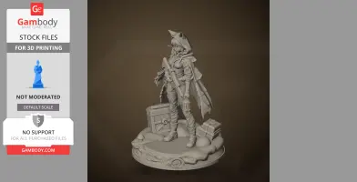 A detailed 3D model of a cloaked figure with gear, standing on a base with crates and natural elements.