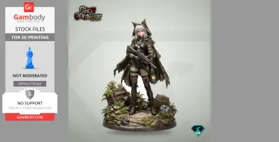 A warrior figure in a cloak with wolf ears, holding a rifle, stands on a forest-themed base with crates and plants.