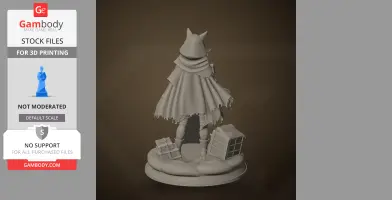 A cloaked figure with pointed ears stands on a base with crates and a small structure.