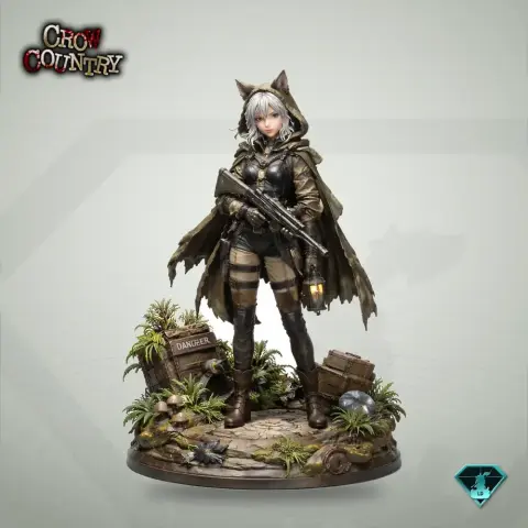 Female character with wolf ears and a cloak, holding a rifle, stands in a forest setting with crates.