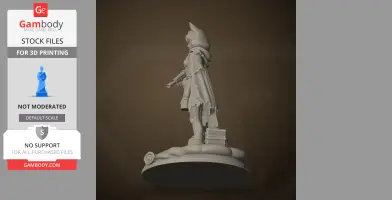 A 3D model of a cloaked character with a hat and a weapon, standing on a detailed base.