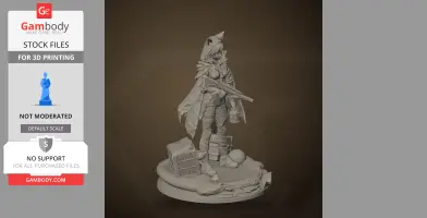 A female character in a hooded cape holds a rifle, standing on a detailed base with boxes and a sack.
