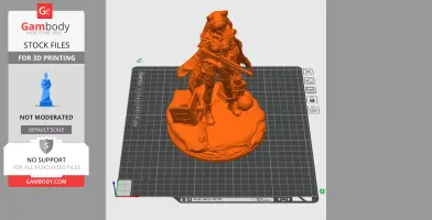 A detailed 3D model of a character with a hooded cloak and weapon, standing on a decorated base plate.