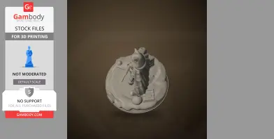 A 3D printed character figure stands on a detailed circular base, holding a staff and wearing a hooded cloak.