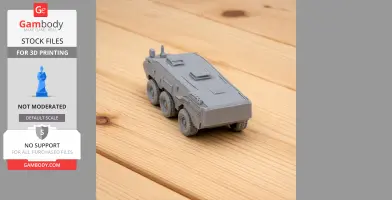 Gray Otokar Arma tank model for 3D printing, displayed on a wooden surface.