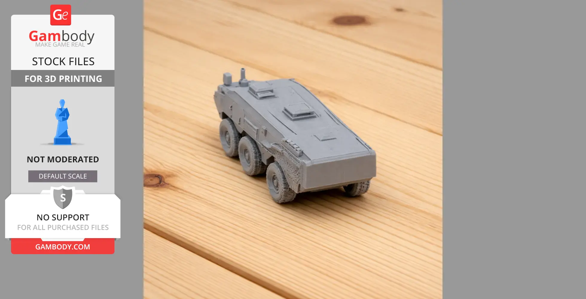 Gray Otokar Arma tank model for 3D printing, displayed on a wooden surface.