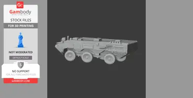 3D model of an armored military vehicle with six wheels, detailed surface features, suitable for 3D printing.